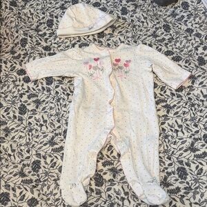 Little Me White and Pink Footie with Hat- Size 6 months